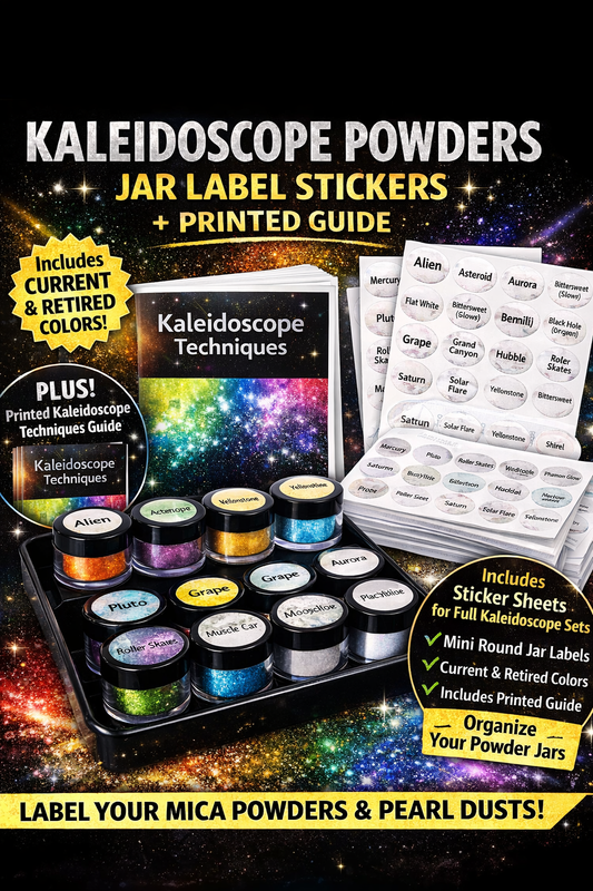 Kaleidoscope Powder Jar Label Stickers + Printed Guide – Organizer Labels for Mica Powders & Pearl Dust
