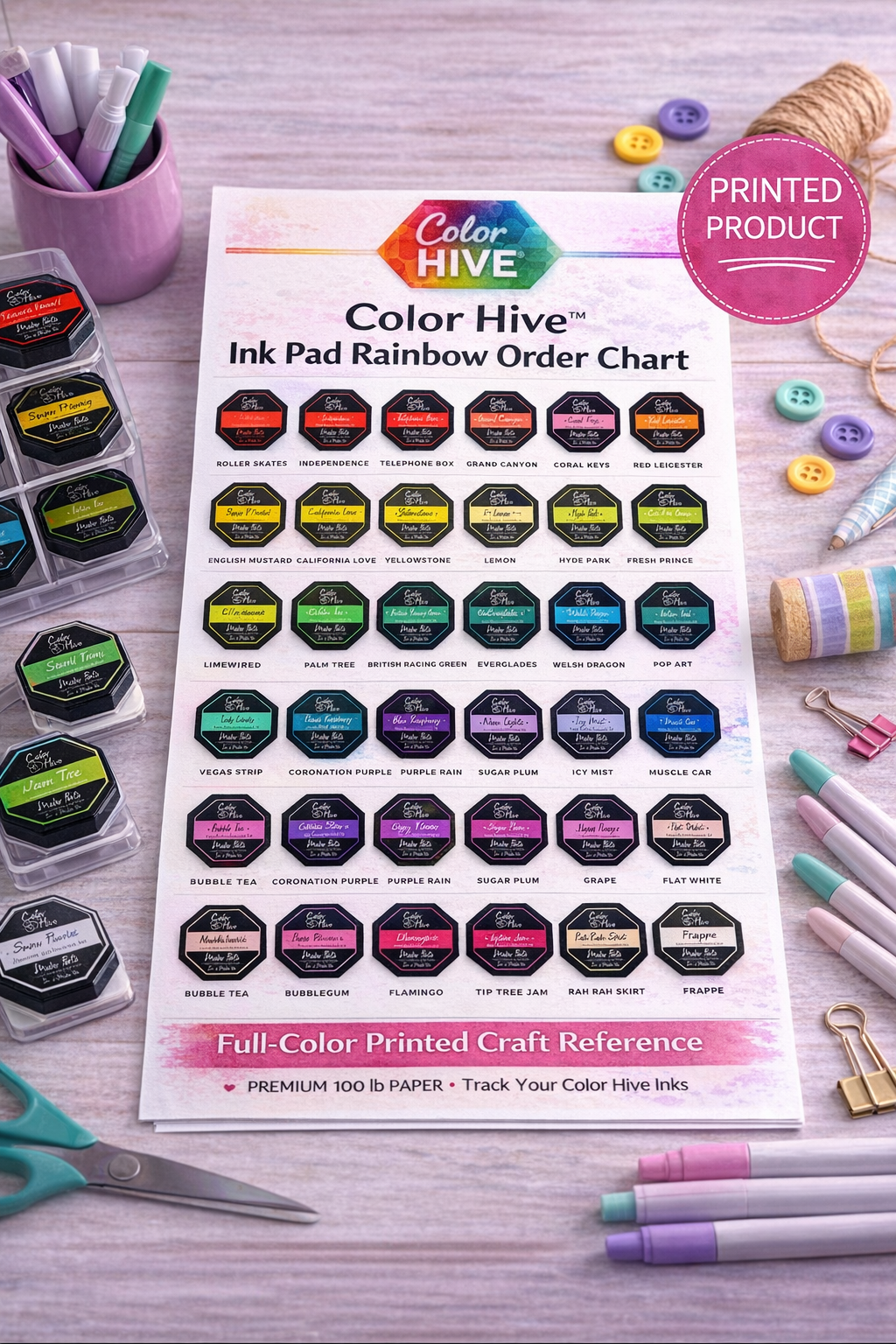 Color Hive™ Ink Pad Rainbow Order Chart – Printed Ink Organization Guide | Full-Color Craft Reference Sheet