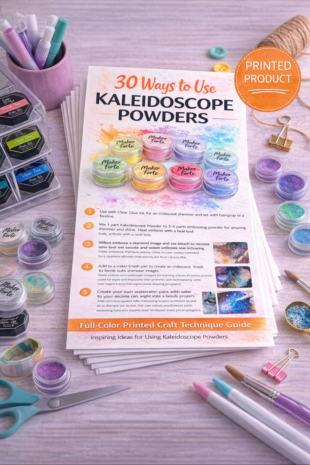 30 Ways to Use Kaleidoscope Powders – Printed Craft Technique Guide | Full-Color Cardmaking Inspiration Sheet