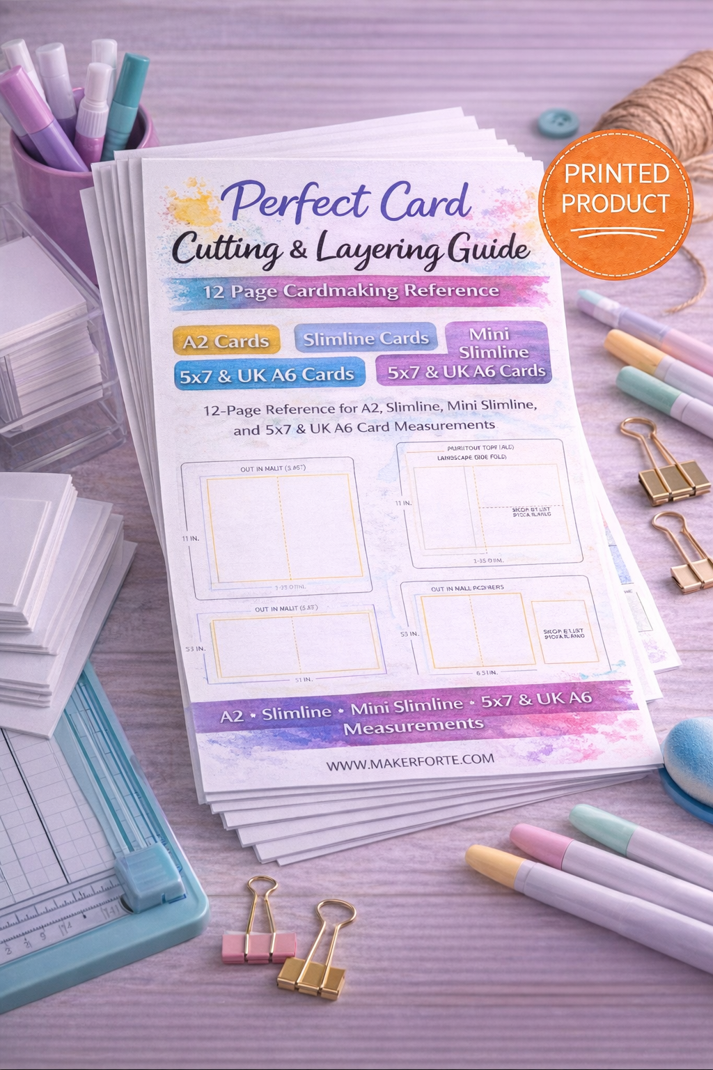 Perfect Card Cutting & Layering Guide – Printed 12-Page Cardmaking Reference | A2, Slimline, Mini Slimline & 5x7 Measurements