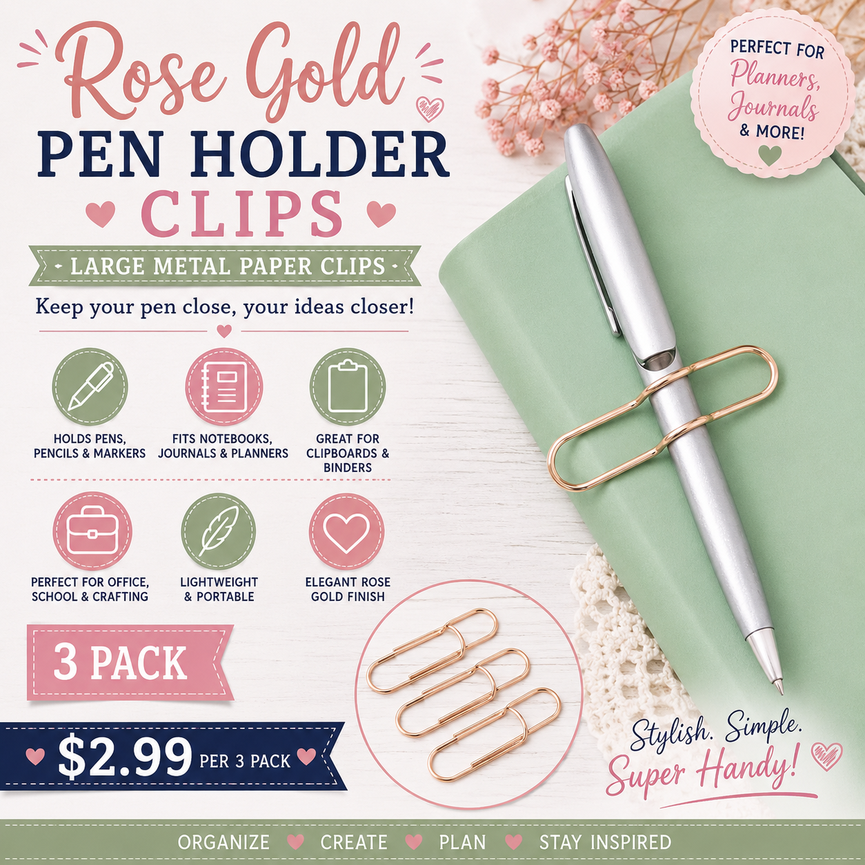 Rose Gold Pen Holder Clips  Large Metal Paper Clips – 3 Pack