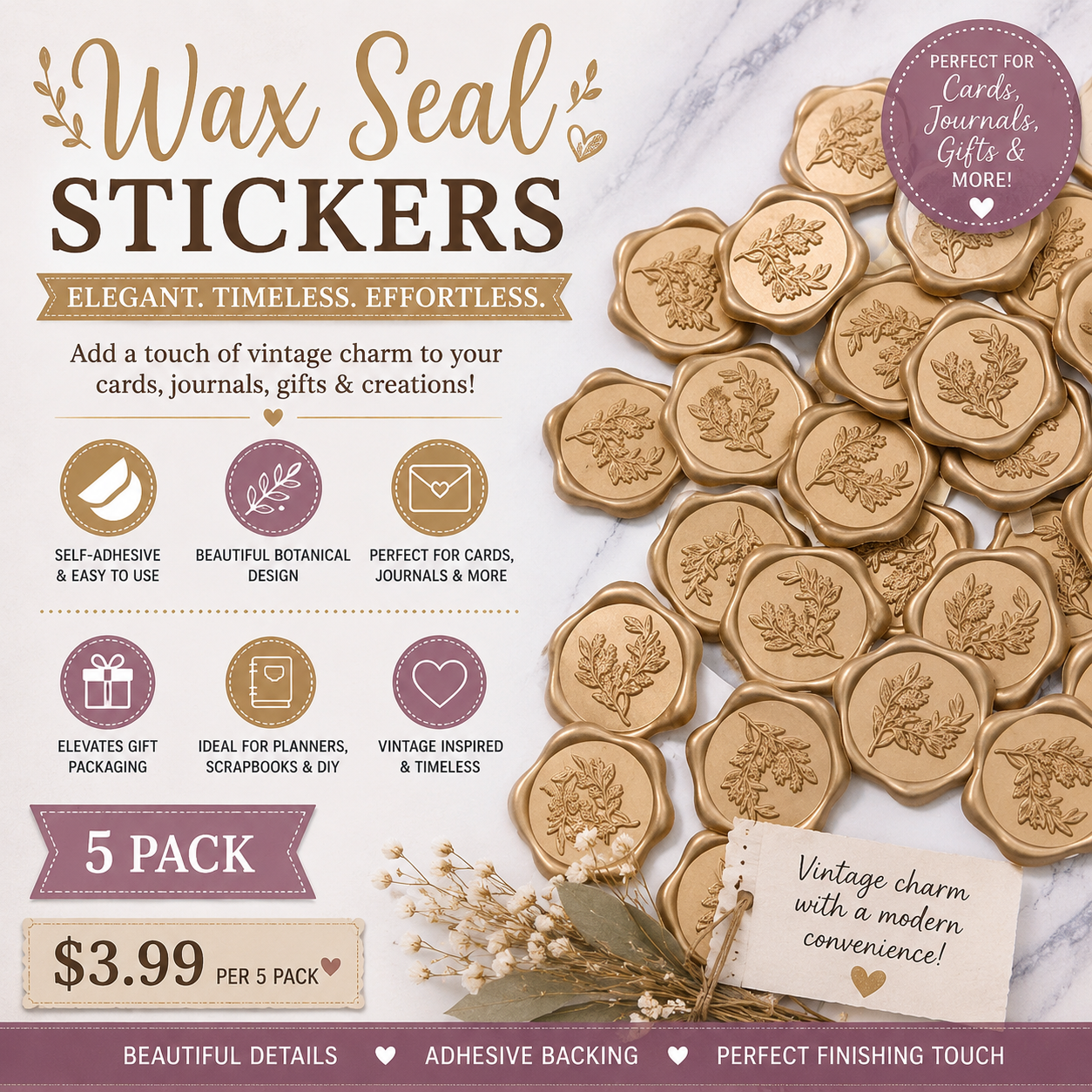 Botanical Wax Seal Stickers  Self-Adhesive Faux Wax Seals – 5 Pack