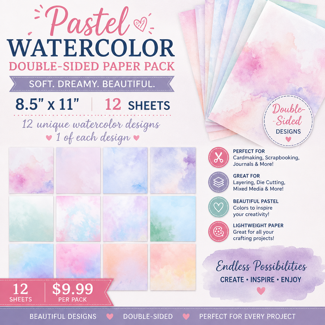Pastel Watercolor Paper Collection  Double-Sided Designer Paper Pack – 8.5 x 11 – 12 Sheets