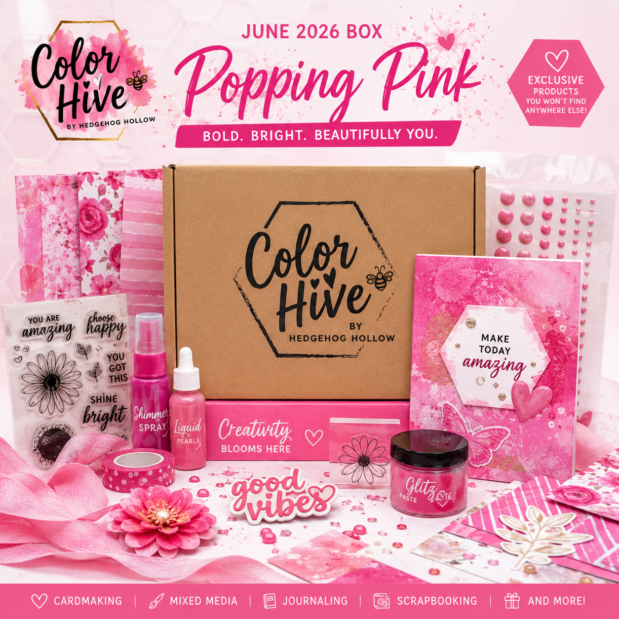 Color Hive™ June 2026 Box – Popping Pink | Exclusive Cardmaking & Mixed Media Craft Kit by Hedgehog Hollow