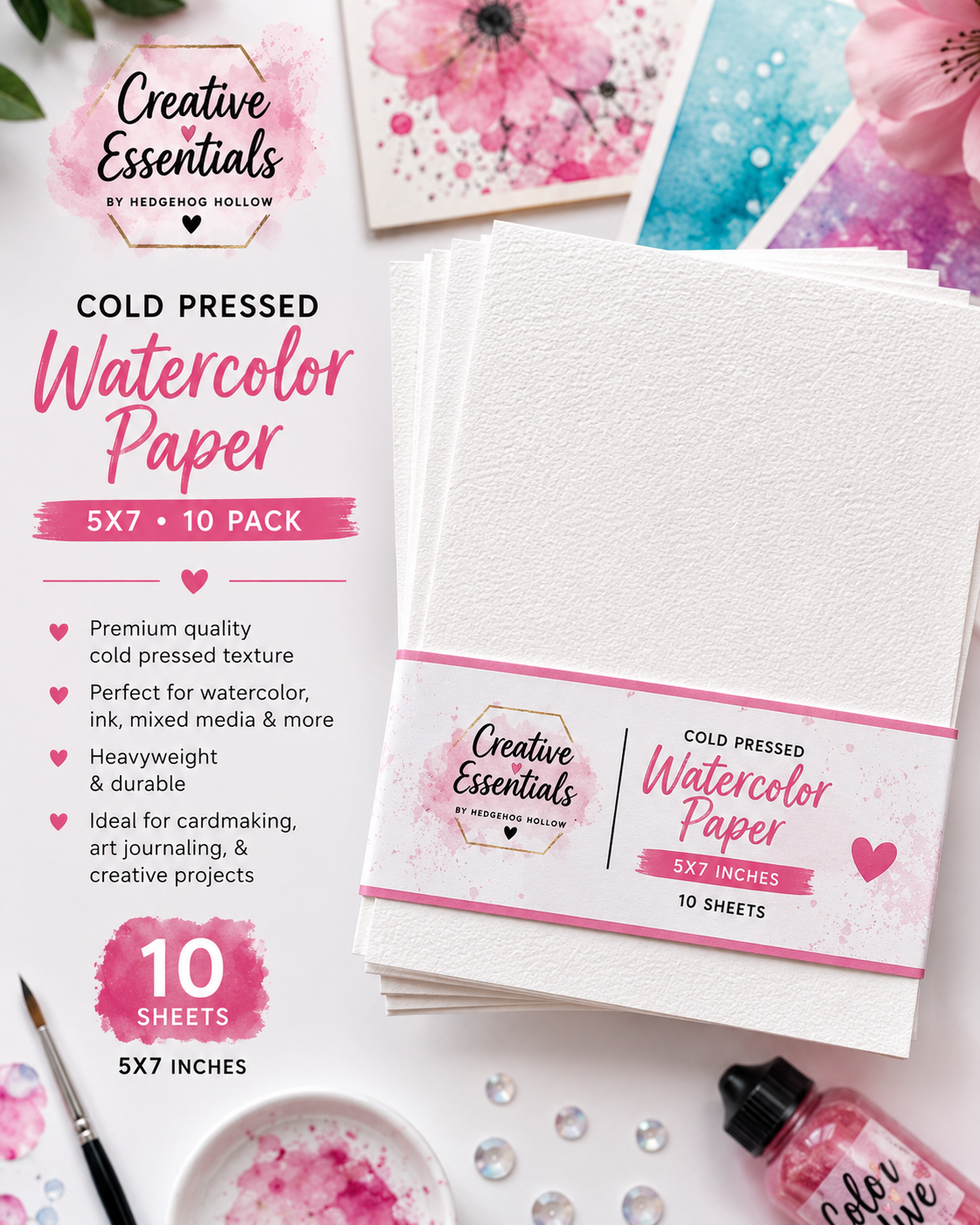 Cold Pressed Watercolor Paper 5x7 – 10 Pack | Premium Textured Cardmaking & Mixed Media Paper by Hedgehog Hollow