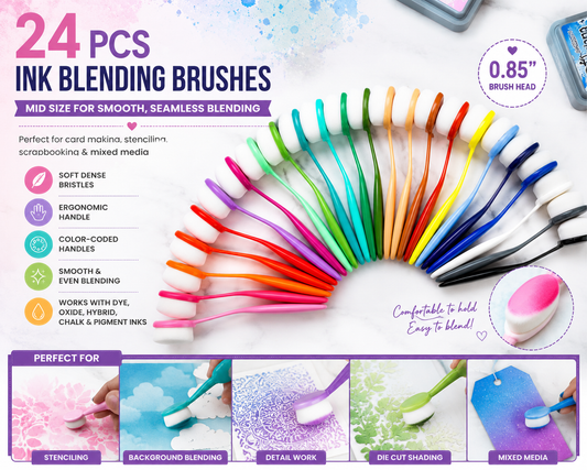24 Piece Ergonomic Ink Blending Brush Set – Mid Size Craft Brushes for Card Making, Stenciling & Mixed Media