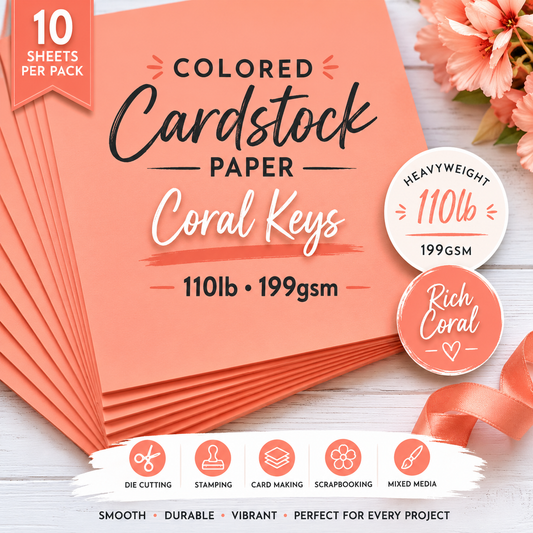 Coral Keys Cardstock Paper Pack – 110lb Heavyweight Colored Cardstock, 199gsm Smooth Craft Paper, 10 Sheets for Card Making & Scrapbooking