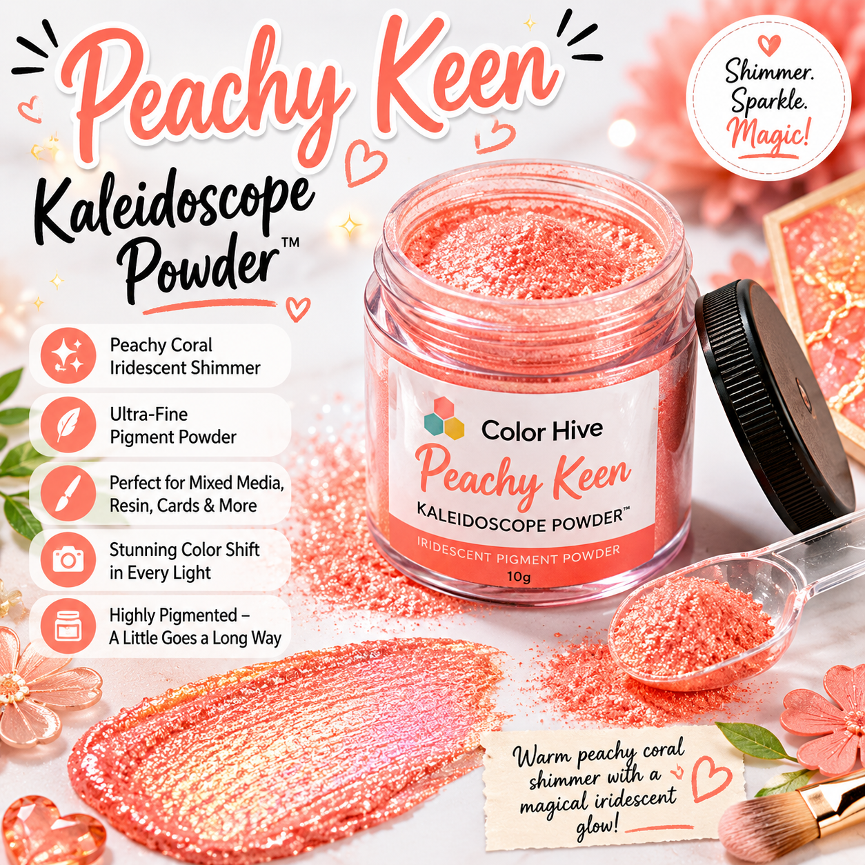 Peachy Keen Kaleidoscope Powder™ – Coral Peach Iridescent Craft Pigment for Mixed Media, Resin, Card Making & DIY Projects