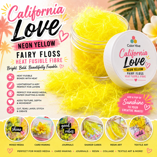 California Love Neon Yellow Fairy Floss Heat Fusible Fibre – Bright Neon Crafting Fibres for Mixed Media, Card Making & Embellishments