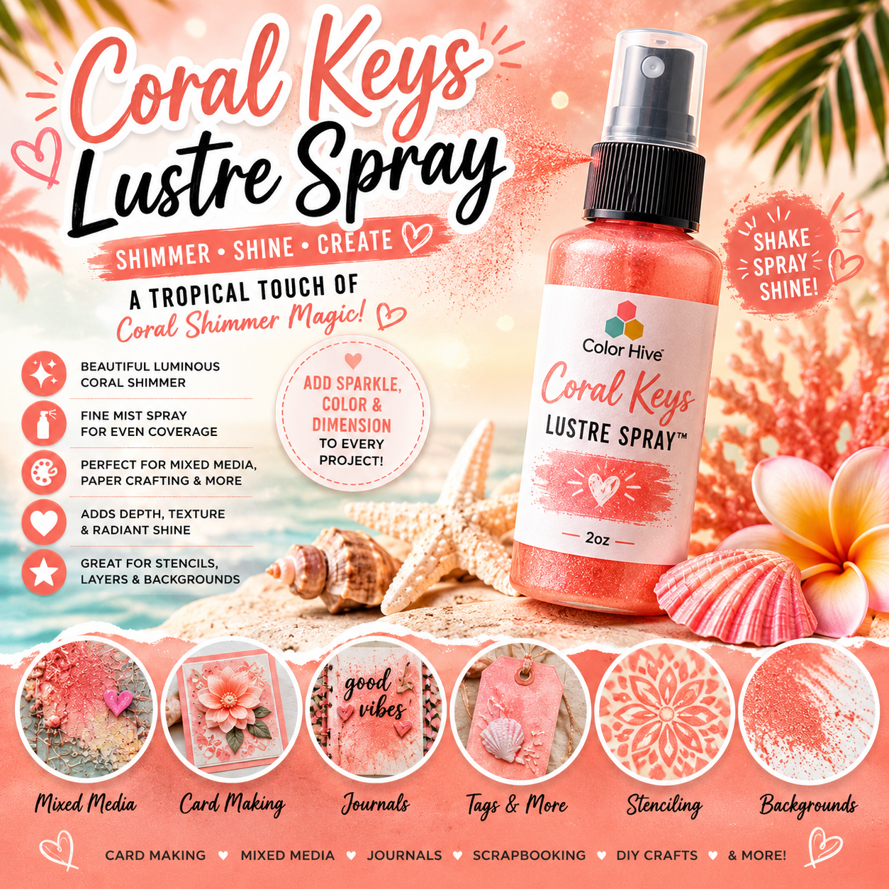 Coral Keys Lustre Spray™ – 2oz Shimmer Spray for Mixed Media, Card Making, Journals & Craft Projects