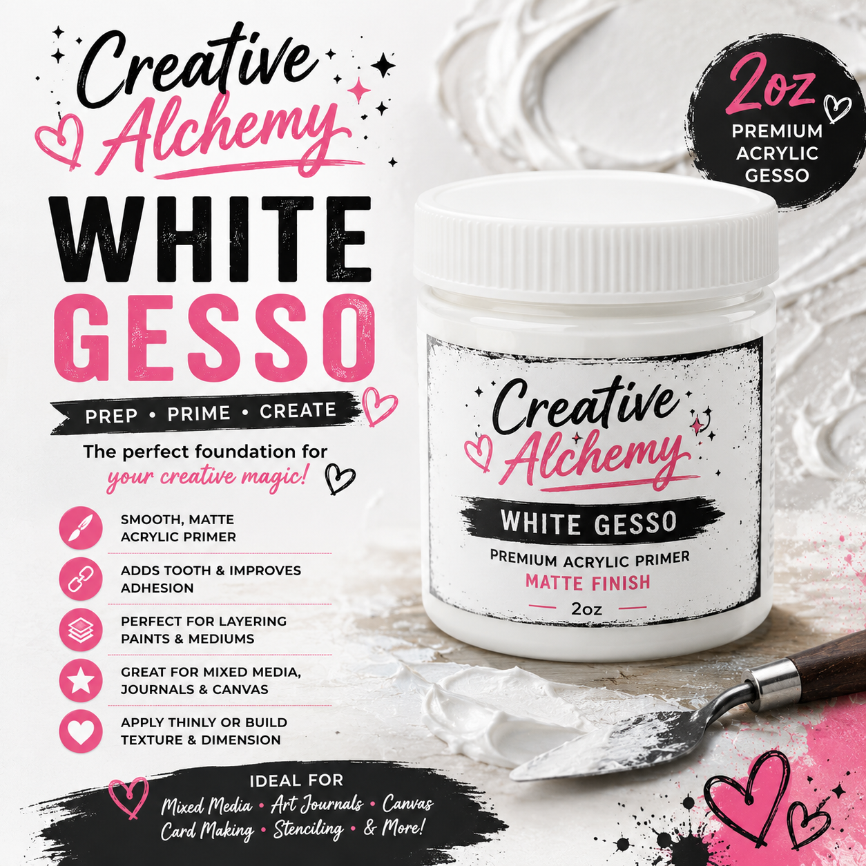Creative Alchemy White Gesso – 2oz Premium Acrylic Primer for Mixed Media, Journals, Canvas & Paper Crafting