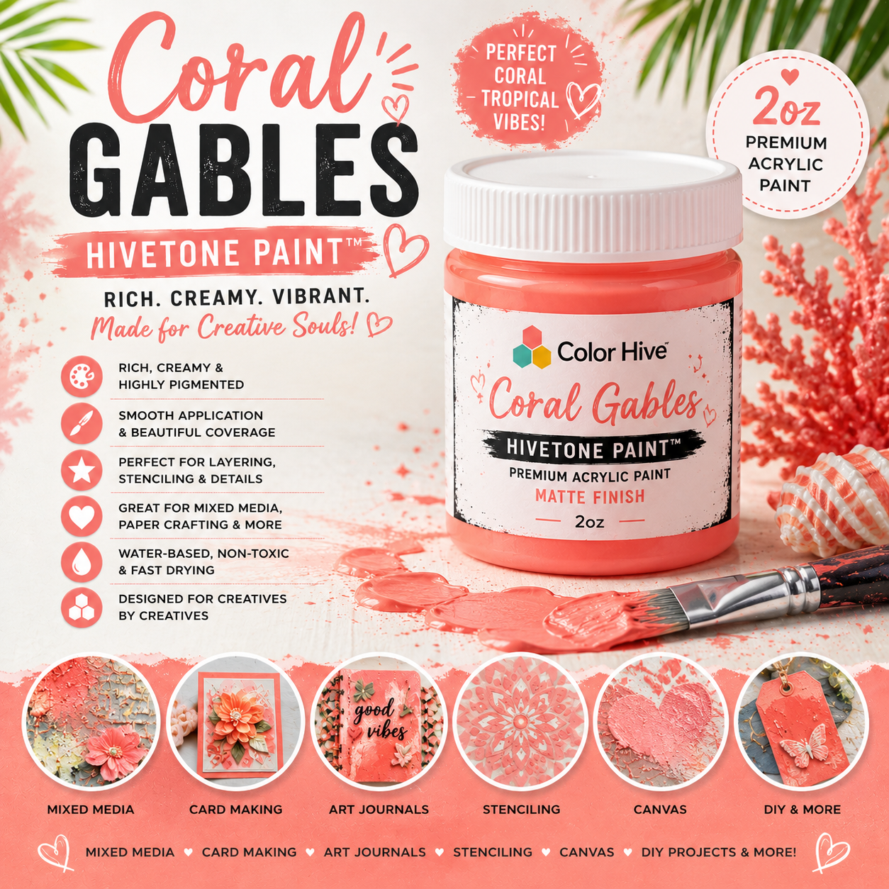 Coral Gables Hivetone Paint™ – 2oz Premium Acrylic Paint for Mixed Media, Canvas & Creative Projects
