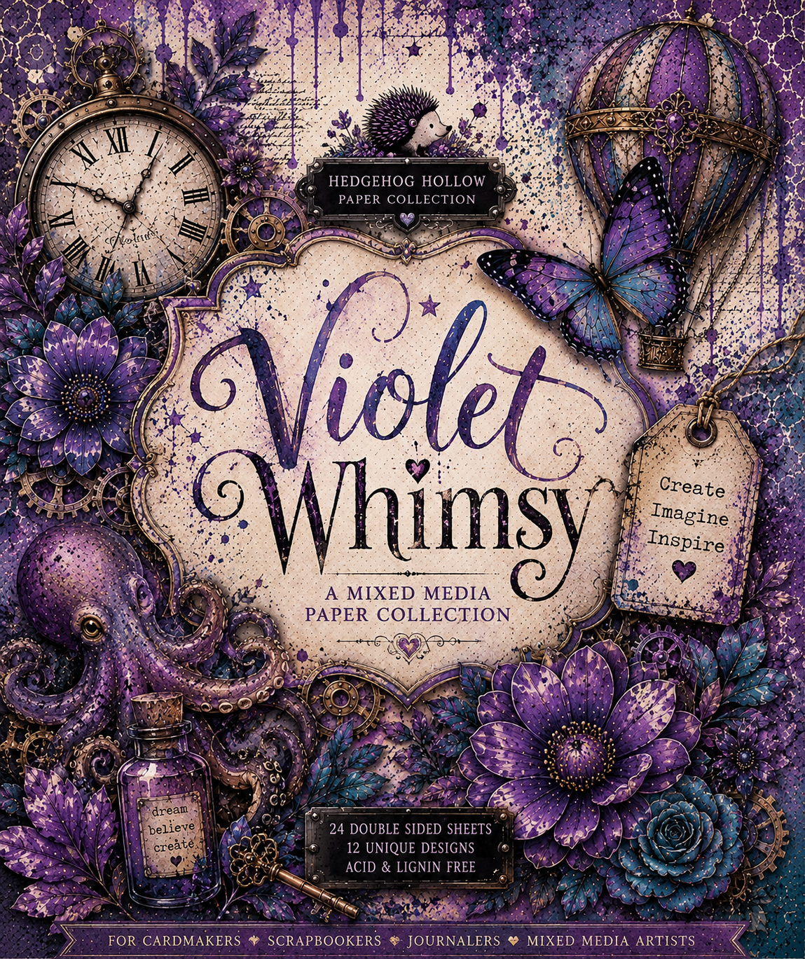 Violet Whimsy™ Mixed Media Paper Pack – 24 Double-Sided Sheets | Purple & Teal Scrapbook Papers for Cardmaking, Journals & Mixed Media | Hedgehog Hollow