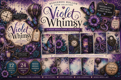 Violet Whimsy™ Mixed Media Paper Pack – 24 Double-Sided Sheets | Purple & Teal Scrapbook Papers for Cardmaking, Journals & Mixed Media | Hedgehog Hollow