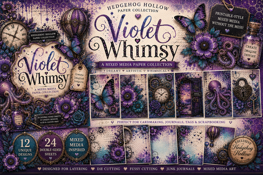 Violet Whimsy™ Mixed Media Paper Pack – 24 Double-Sided Sheets | Purple & Teal Scrapbook Papers for Cardmaking, Journals & Mixed Media | Hedgehog Hollow