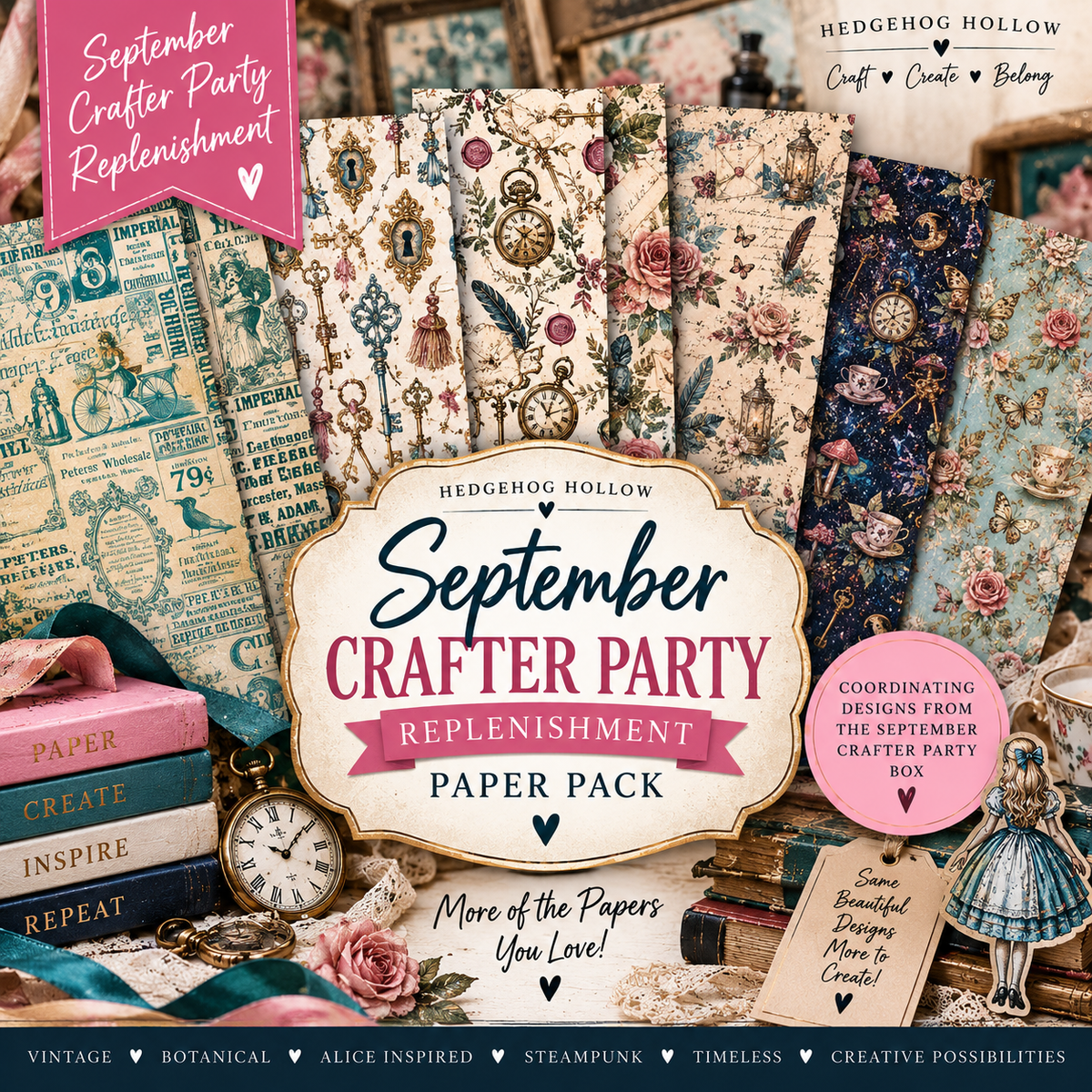 September Crafter Party Replenishment Paper Pack – Vintage Alice, Steampunk & Botanical Designs (2 sets)