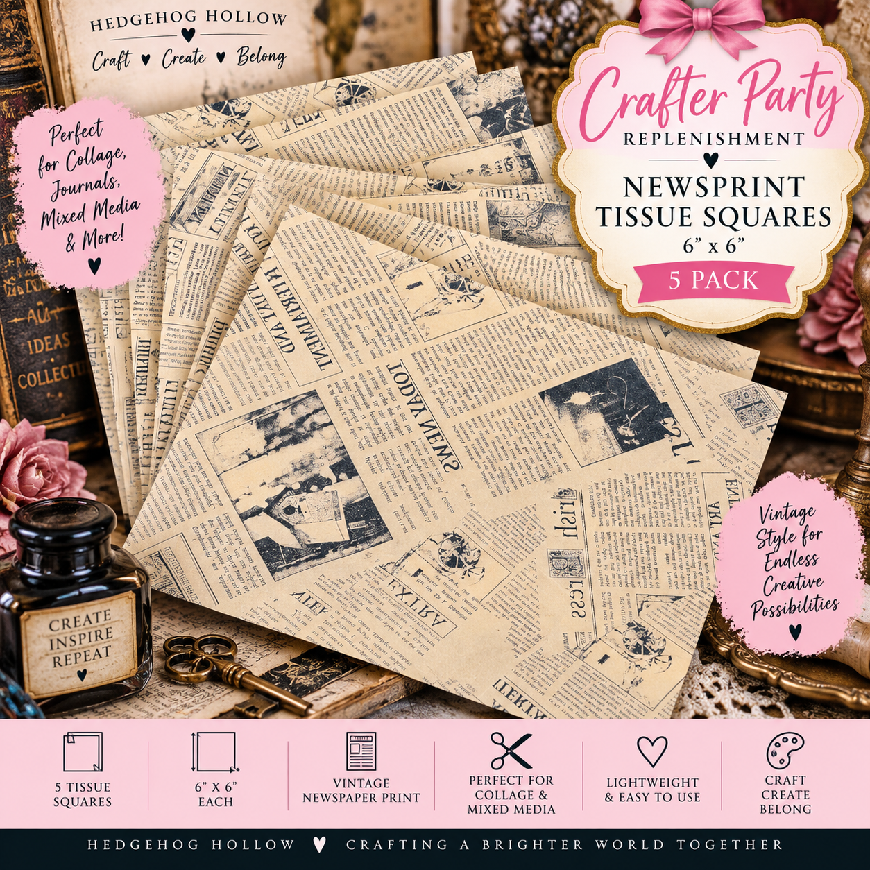 Vintage Newsprint Tissue Squares – 6" x 6" – 5 Pack | Crafter Party Replenishment