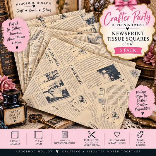 Vintage Newsprint Tissue Squares – 6" x 6" – 5 Pack | Crafter Party Replenishment