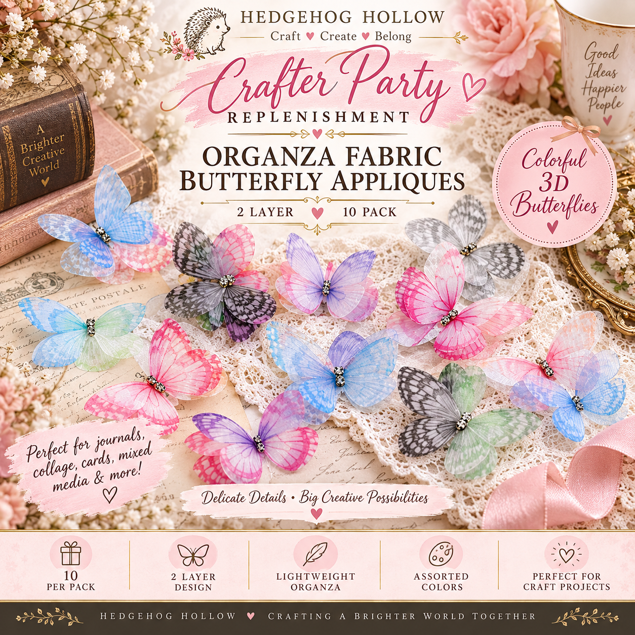 Organza Fabric Butterfly Appliques – Colorful 3D Double-Layer Butterflies – 10 Pack | Crafter Party Replenishment