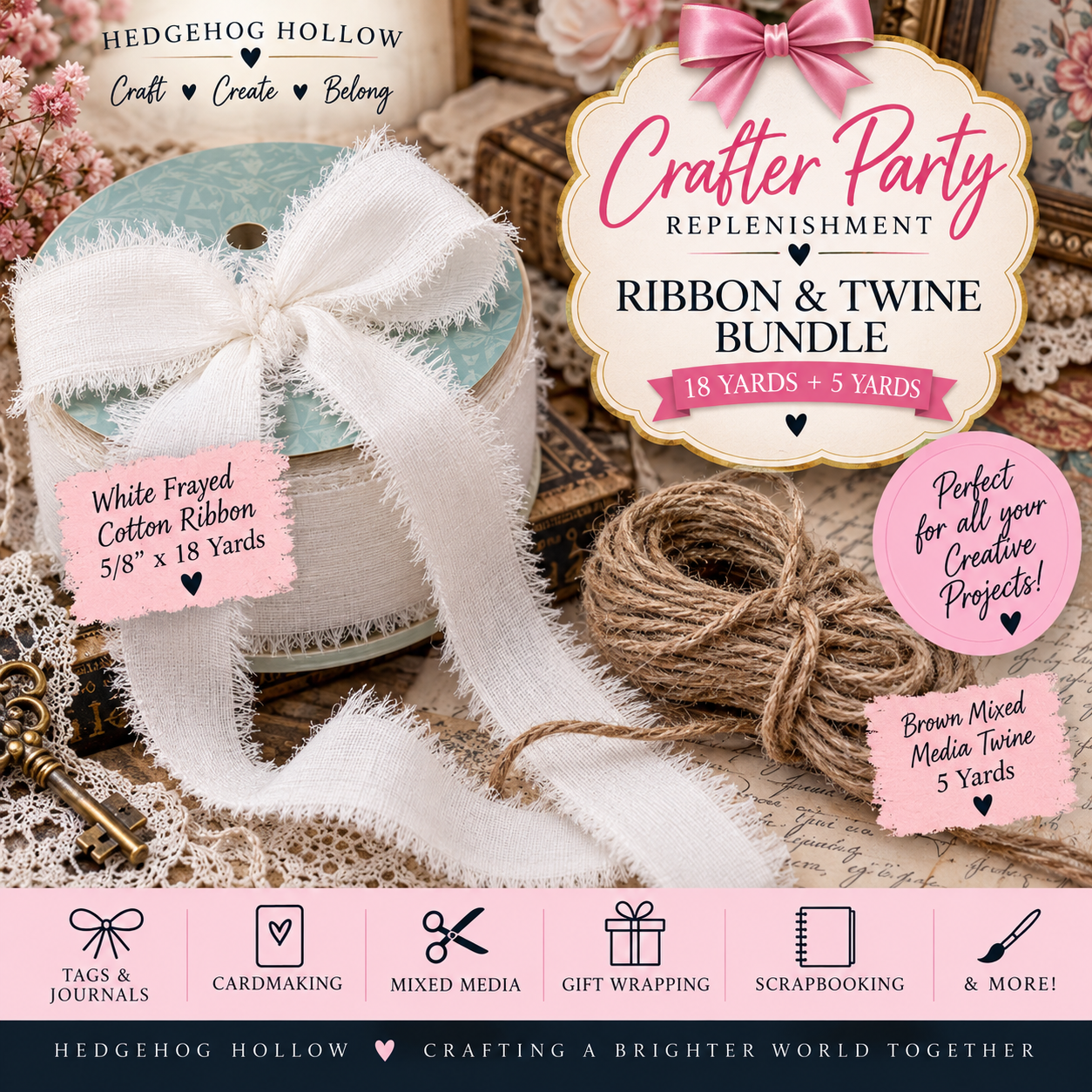 Frayed White Cotton Ribbon & Brown Mixed Media Twine Bundle | Crafter Party Replenishment