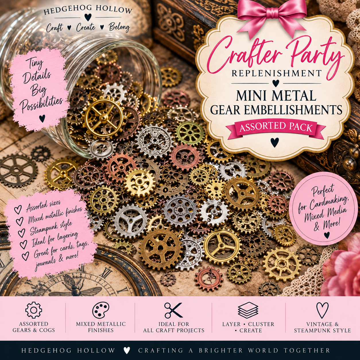 Assorted Mini Metal Gear Embellishments – Steampunk Cogs for Cardmaking & Mixed Media | Crafter Party Replenishment