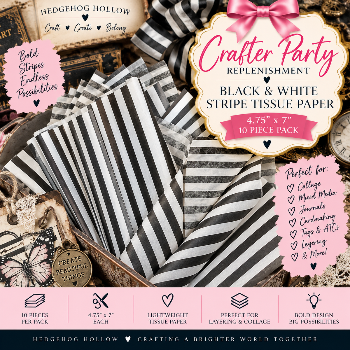 Black & White Stripe Tissue Paper – 4.75" x 7" – 10 Piece Pack | Crafter Party Replenishment