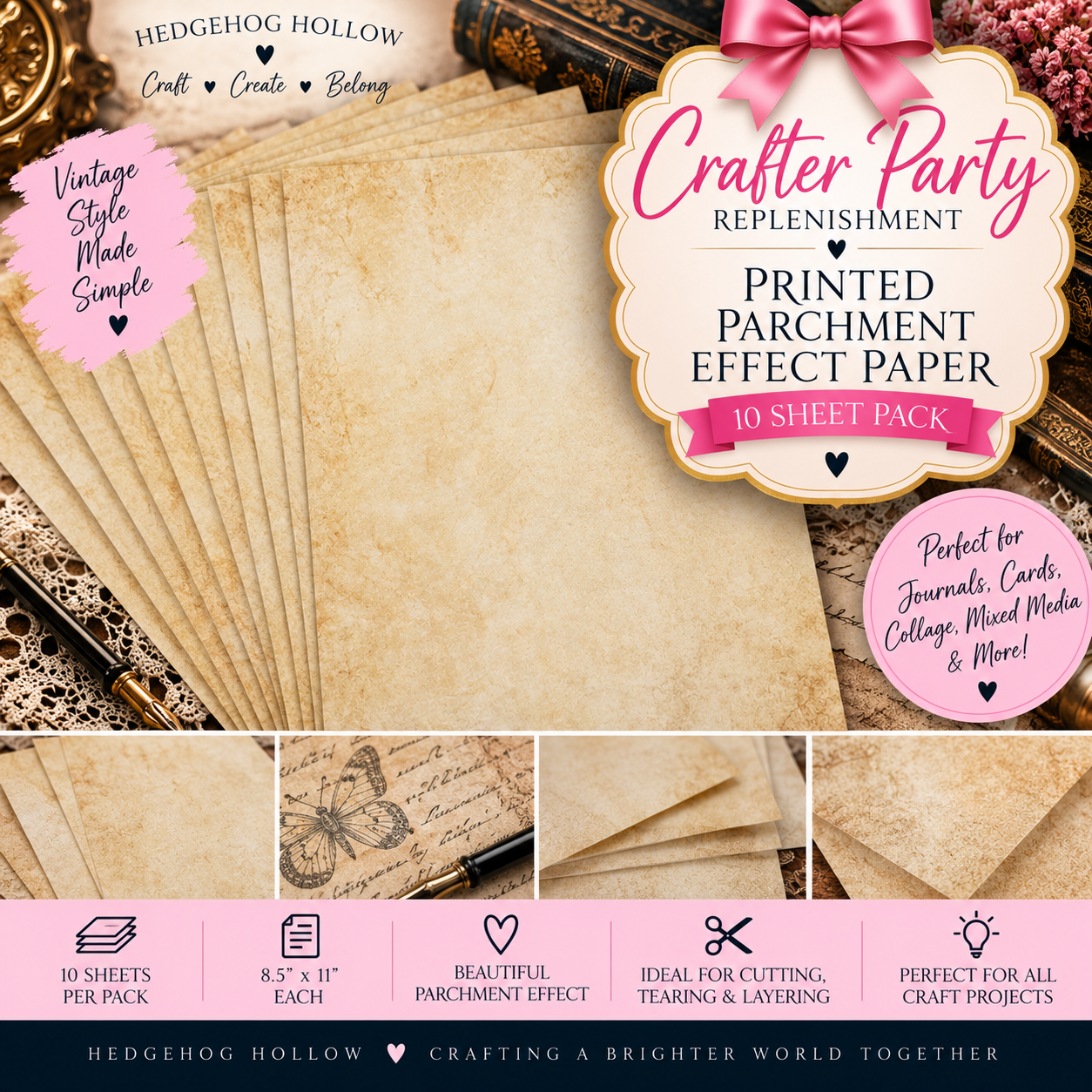 Printed Parchment Effect Paper – 8.5" x 11" – 10 Sheet Pack | Crafter Party Replenishment