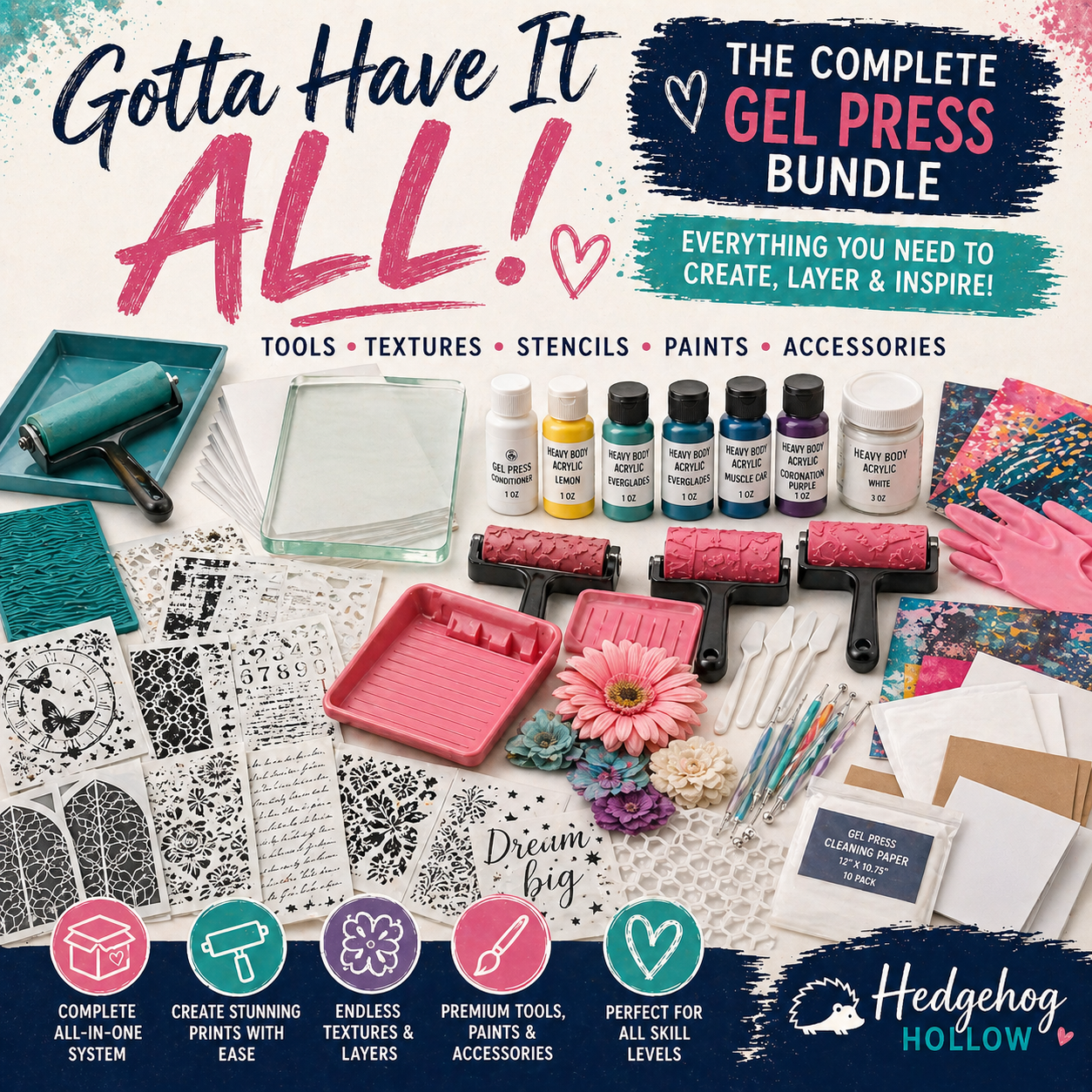 Gotta Have It All Gel Press Bundle – Complete Gel Plate System Kit | Tools, Textures, Stencils, Paints & Accessories | Hedgehog Hollow