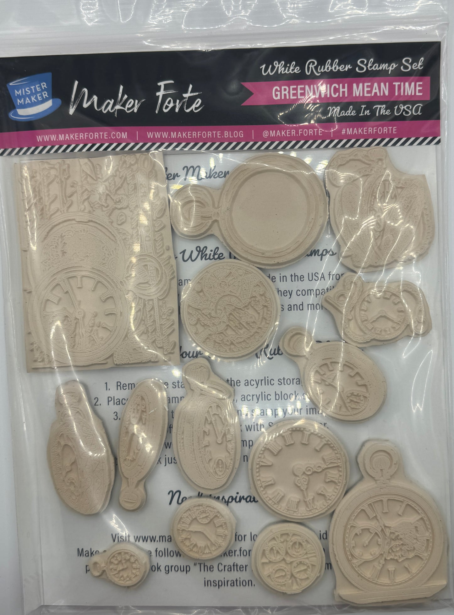 Greenwich Mean Time 6x8 White Rubber Stamp Set – Vintage Clocks, Pocket Watches & Steampunk Timepieces – Deep Etched Made in USA