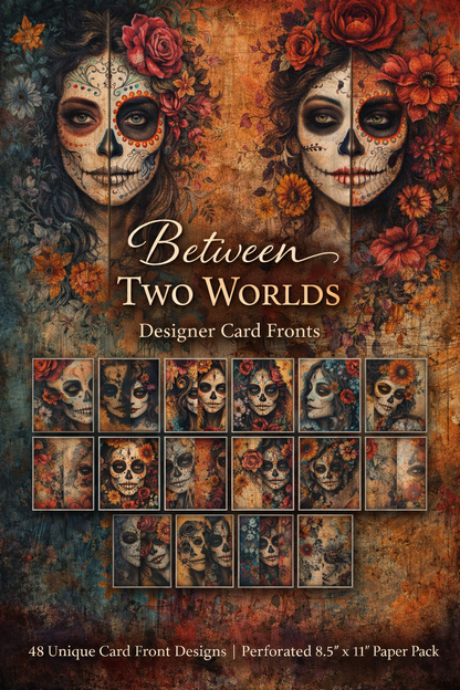 Between Two Worlds Designer Card Fronts Paper Pack – 48 Unique Sugar Skull & Floral Designs, Mixed Media Portrait Cardmaking Paper, Perforated 8.5x11 Sheets