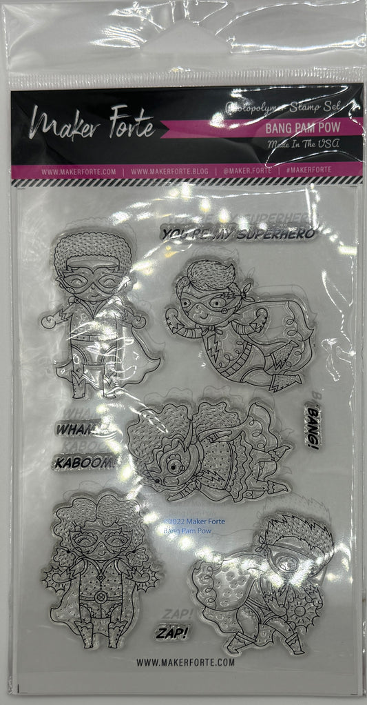 Bang Bam Pow 4x6 Clear Photopolymer Stamp Set – Superhero Kids Card Making Stamps