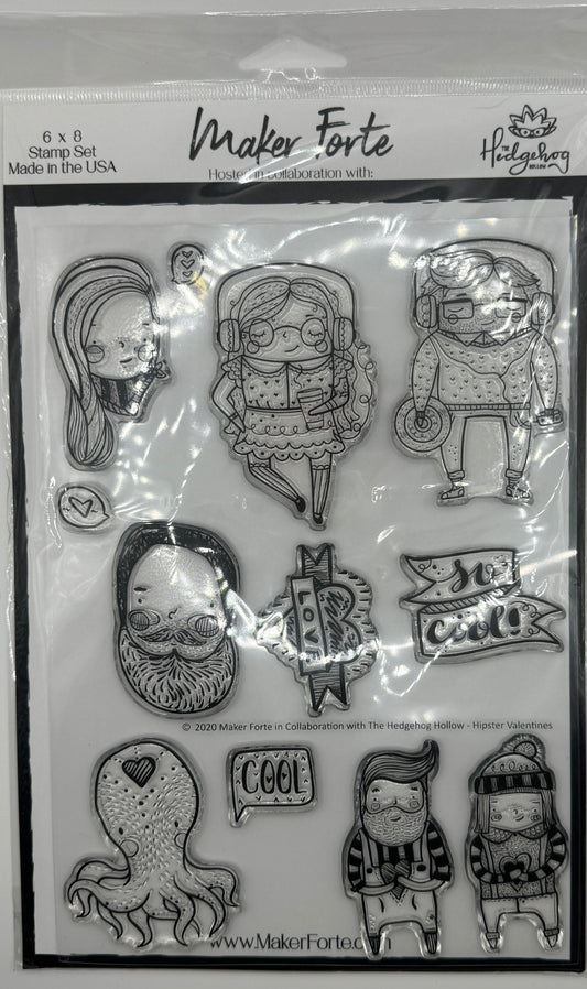 Hipster Valentine 6x8 Stamp Set | Trendy Valentine Characters & Love Sentiments | Made in USA