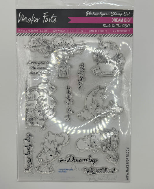 Dream Big Stamp Set 6x8 Photopolymer | Cute Elephant & Sweet Sentiment Card Making Stamps | Made in USA