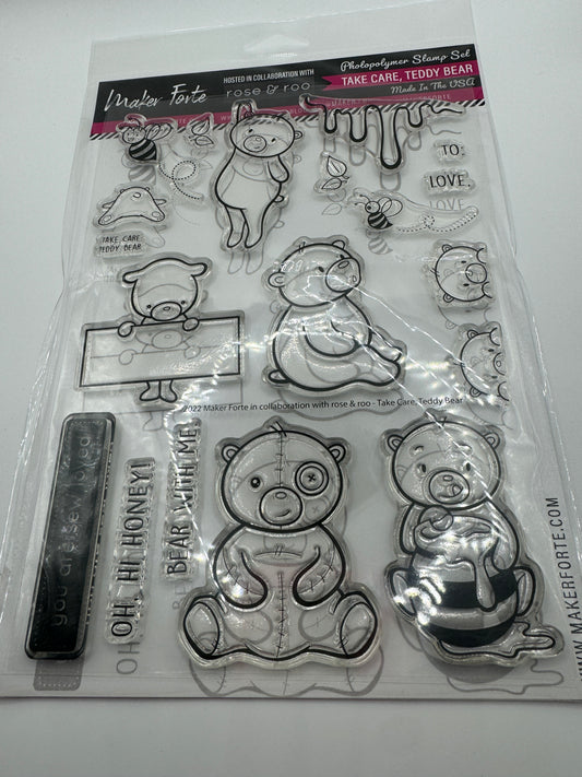 Take Care Teddy Bear Stamp Set 6x8 Photopolymer | Cute Bear & Bee Stamps | Made in USA