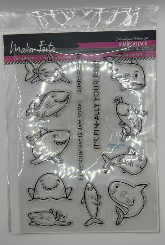 Shark Attack Stamp Set 6x8 Photopolymer | Cute Shark Birthday & Pun Sentiments | Made in USA