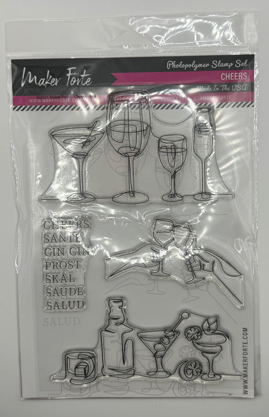 Cheers Stamp Set 6x8 Photopolymer | Cocktail, Wine & Celebration Glass Stamps | Made in USA