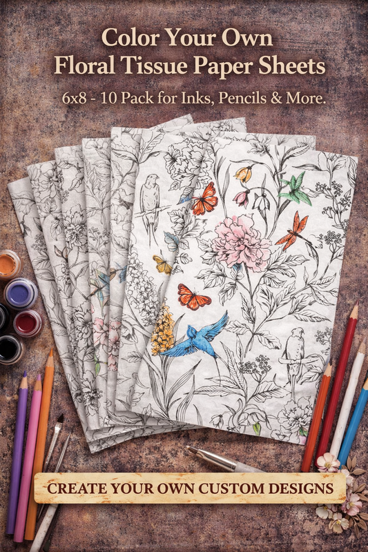 Color Your Own Floral Tissue Paper 6x8 – 10 Pack for Collage, Mixed Media & Cardmaking | Black & White Botanical Craft Paper for Inks, Pencils & More