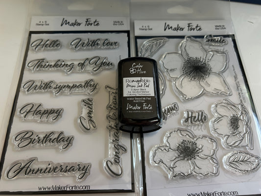 Mini Remarkable Black Ink Pad with 2 Stamp Sets (Fantastic Florals)