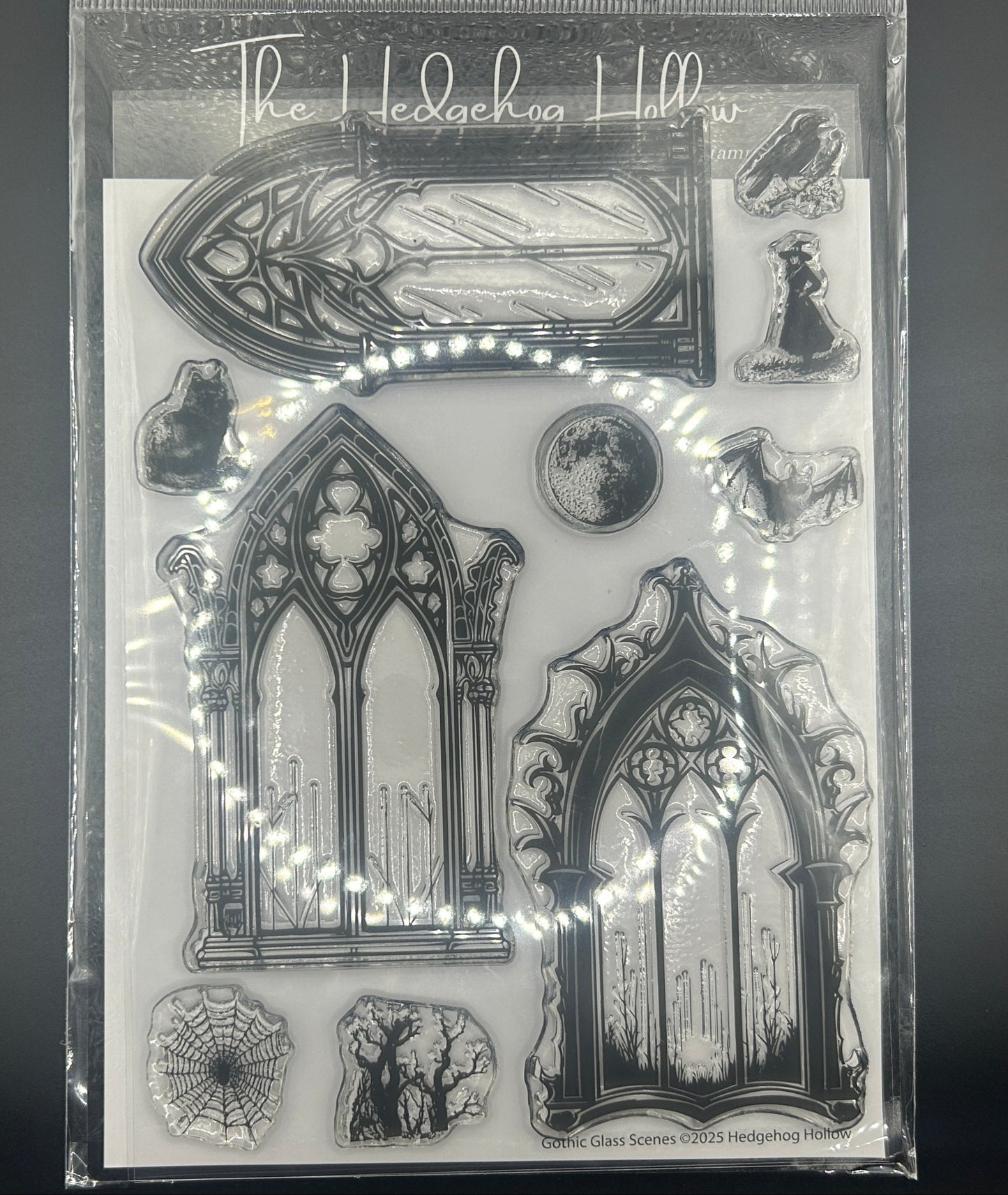 Clear stamp set with gothic architecture designs on a gray background