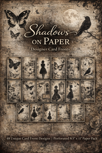 Shadows on Paper Designer Card Fronts Paper Pack – 48 Unique Vintage Gothic Collage Designs, Black & White Mixed Media Cardmaking Paper, Perforated 8.5x11 Sheets
