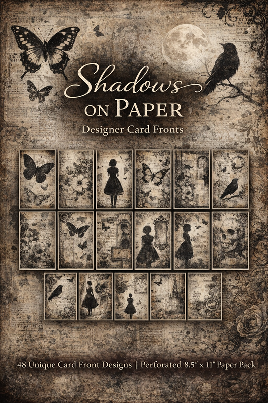 Shadows on Paper Designer Card Fronts Paper Pack – 48 Unique Vintage Gothic Collage Designs, Black & White Mixed Media Cardmaking Paper, Perforated 8.5x11 Sheets