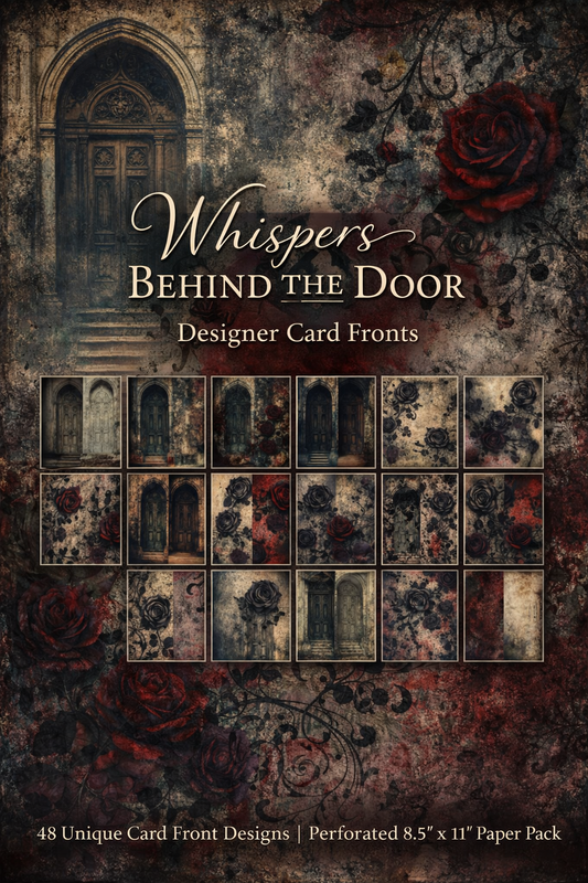 Whispers Behind the Door Designer Card Fronts Paper Pack – 48 Unique Designs, Vintage Gothic Doors & Dark Floral Cardmaking Paper, Perforated 8.5x11 Sheets