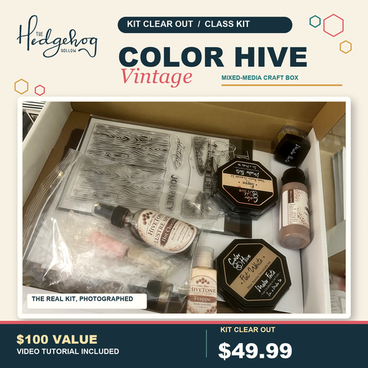 Color Hive Vintage Kit Clear Out graphic featuring a photograph of the actual mixed-media kit, $100 value, $49.99 price and video tutorial included.