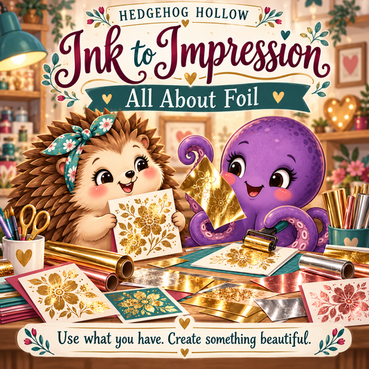 Ink to Impression All About Foil illustrated cover with Hetty making cards. Decorative examples; no supply kit included.