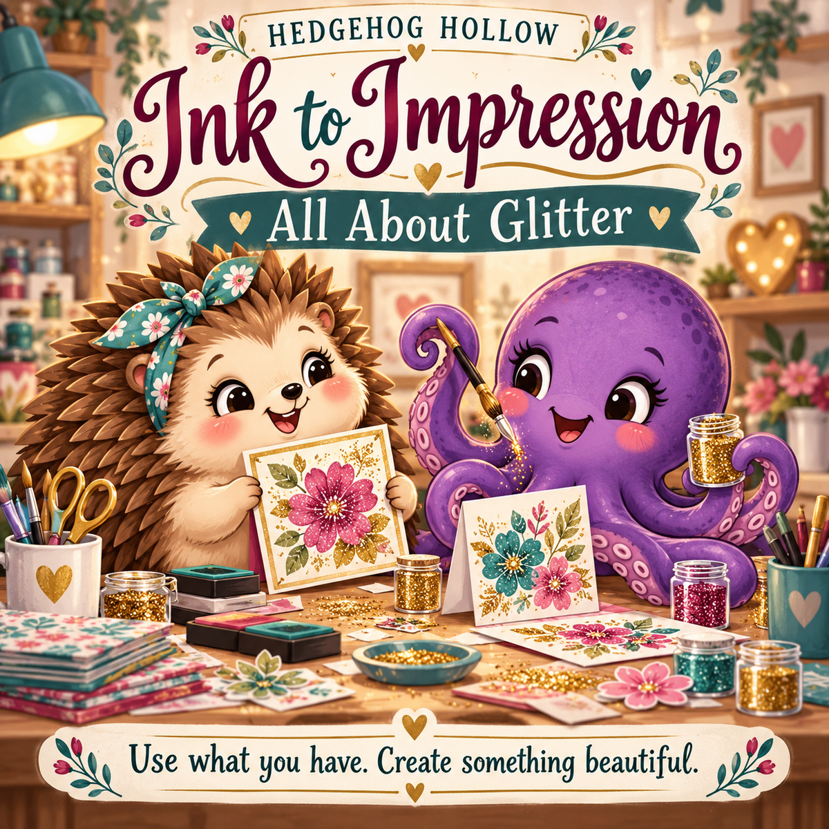 Ink to Impression All About Glitter illustrated cover with Hetty making cards. Decorative examples; no supply kit included.