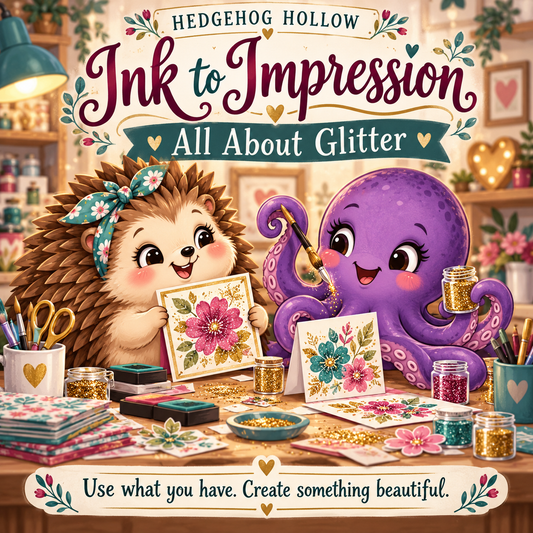 Ink to Impression All About Glitter illustrated cover with Hetty making cards. Decorative examples; no supply kit included.