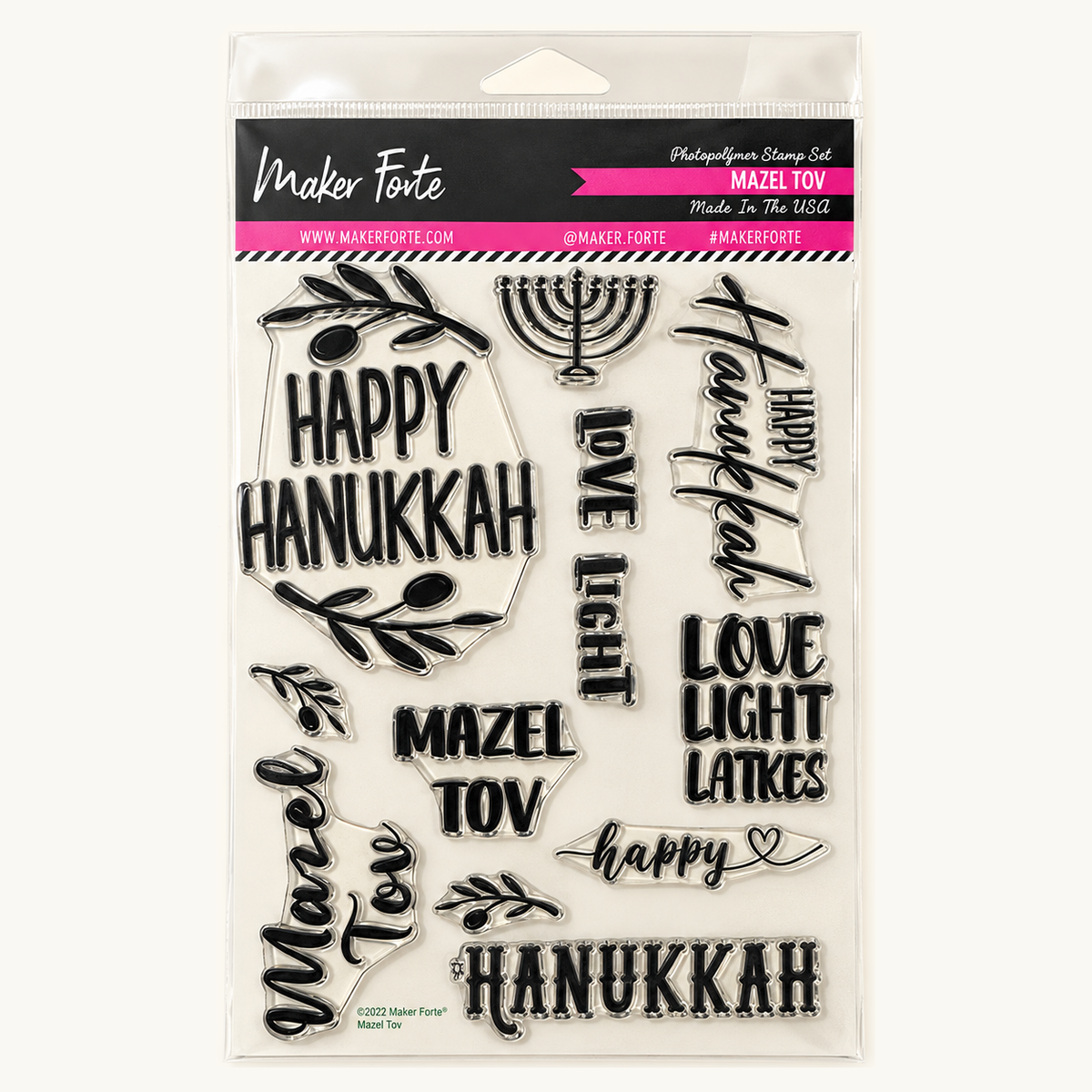 Maker Forte Mazel Tov stamp set product artwork supplied by Sasha, shown against a clean light background